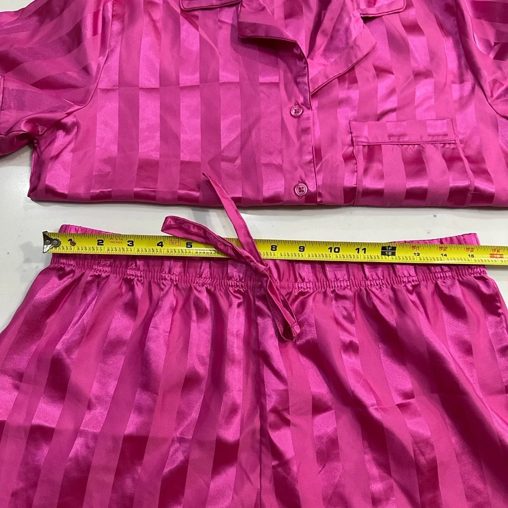 Vibrant Striped Satin Pajama Set – Hot Pink Luxe Lounge Set Size L - Picture 5 of 5